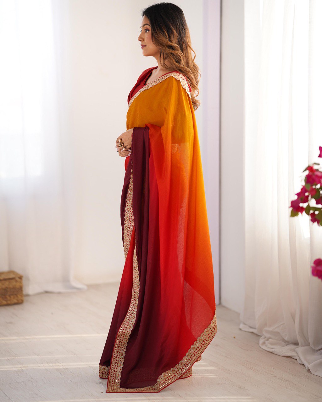 Women's Elegant Ombre Green Georgette Saree with Intricate Golden Zari & Stone Embellishments – Complete with Heavily Worked Blouse for Festive & Wedding Wear - Image 10